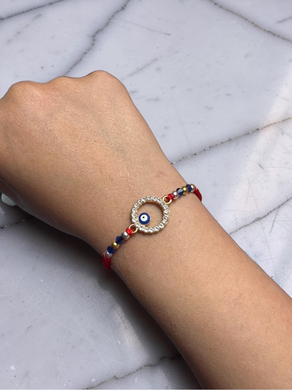 Dainty Evil Eye Circle Bracelet with Red Cord and Beads